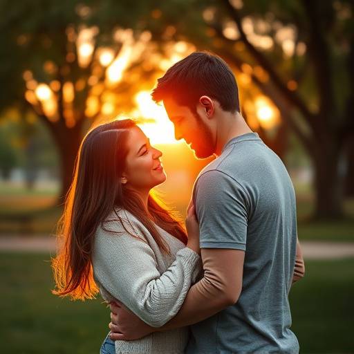 Fotografia de um casal apaixonado em um parque, durante o pôr do sol.