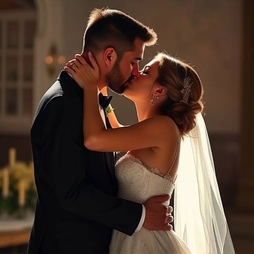 Fotografia de um casal se beijando durante a cerimônia de casamento.
