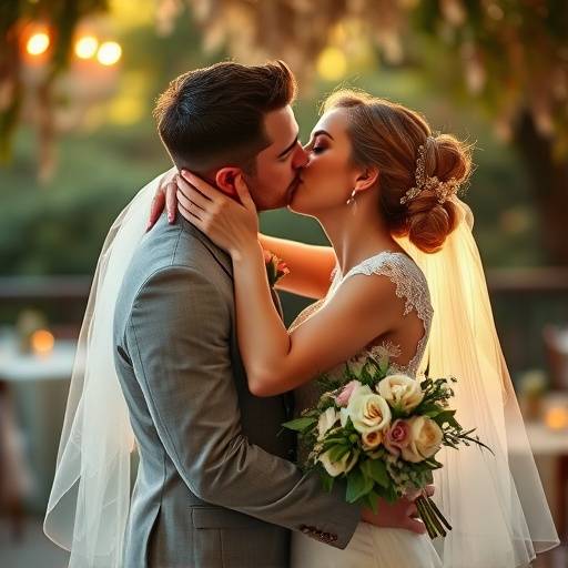 Fotografia de um casal se beijando durante a cerimônia de casamento.