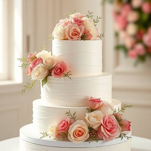 Fotografia detalhada de um bolo de casamento elegantemente decorado com flores delicadas, exibindo a beleza da confeitaria.