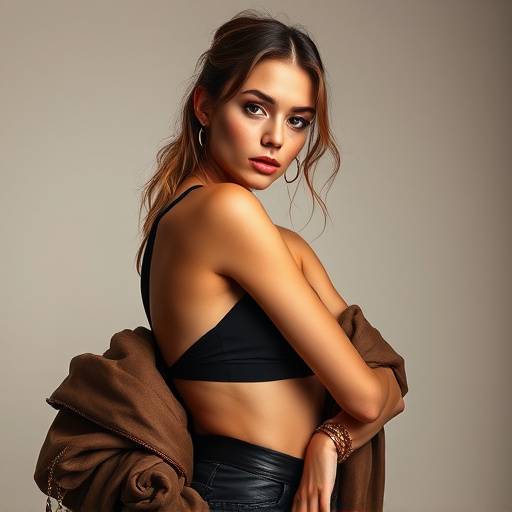 Modelo posando com roupas de moda em um estüdio.