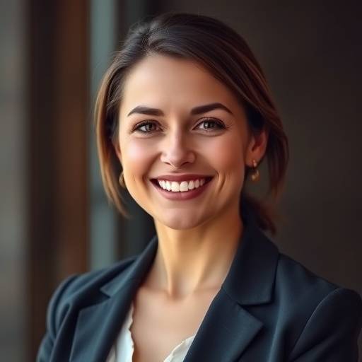 Retrato profissional de uma mulher sorrindo com um blazer.